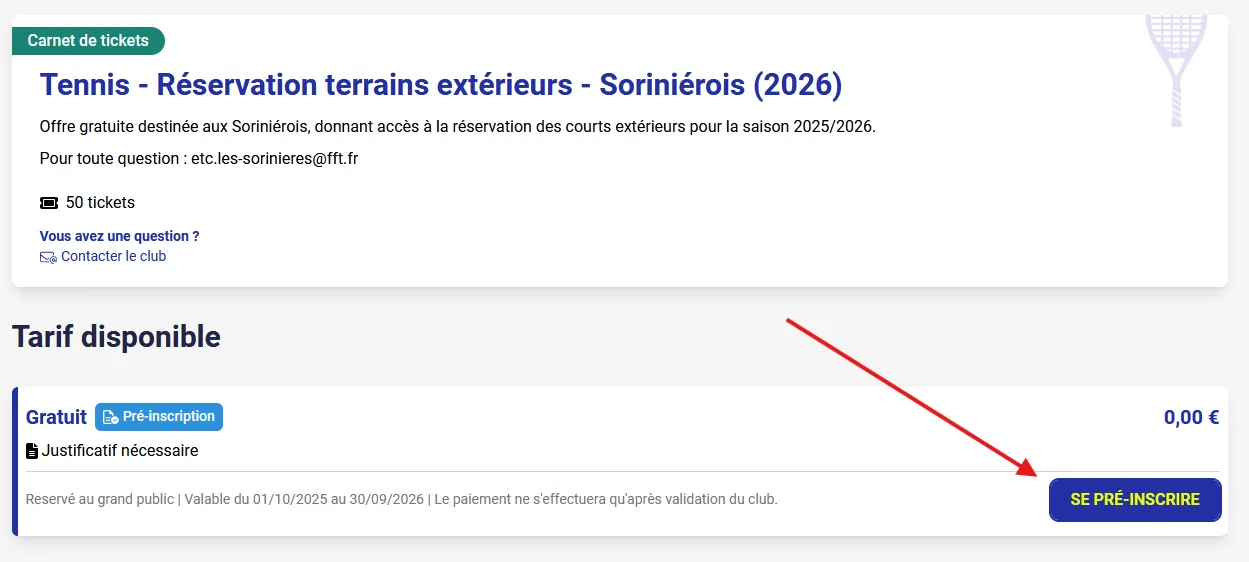 Page de l'offre Ten'Up avec le bouton Se pré-inscrire