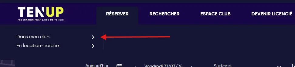 Menu Ten'Up : Réserver > Dans mon club
